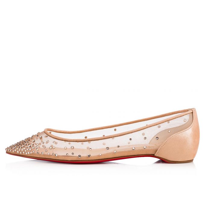 Christian Louboutin Follies Strass 000 Version Light Silk Strass Flats Düz Ayakkabı Kadın Bej Rengi | Türkiye EV0-91479N0